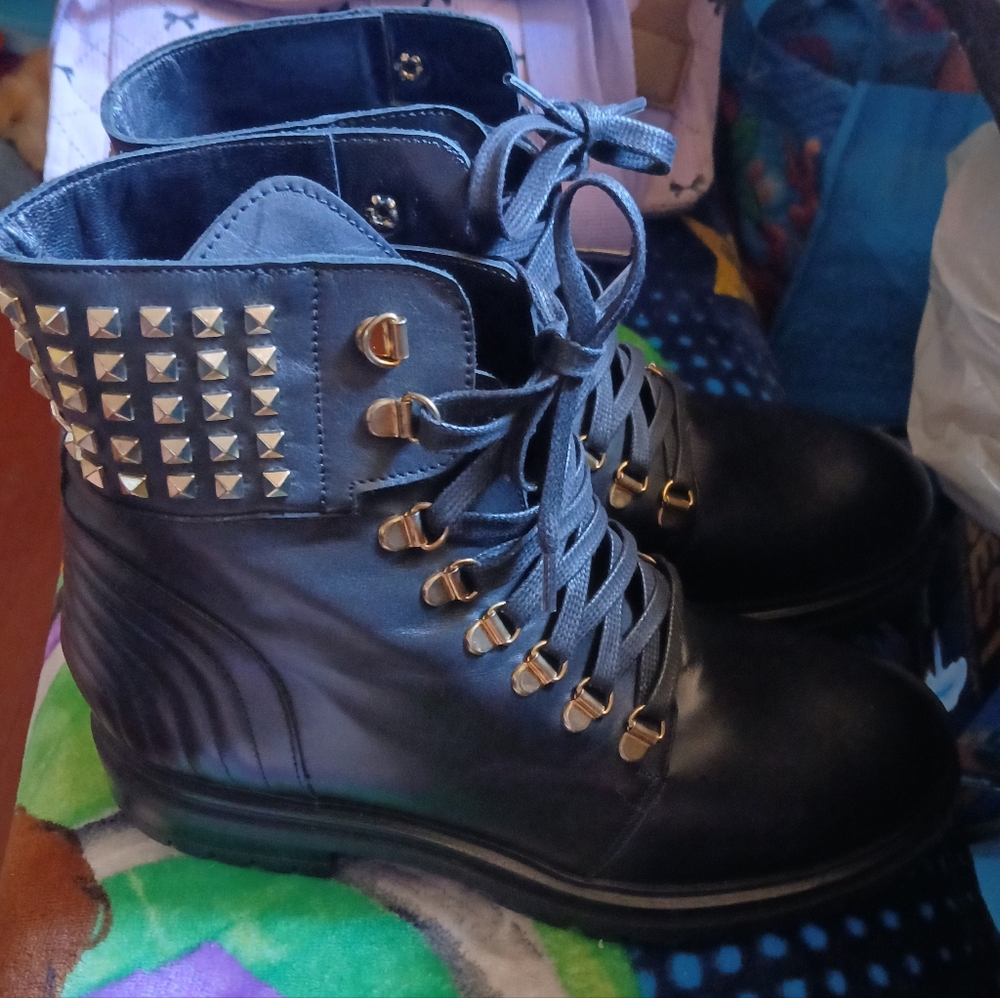 Studded Black Lace-Up Combat Boots - Picture 1 of 4